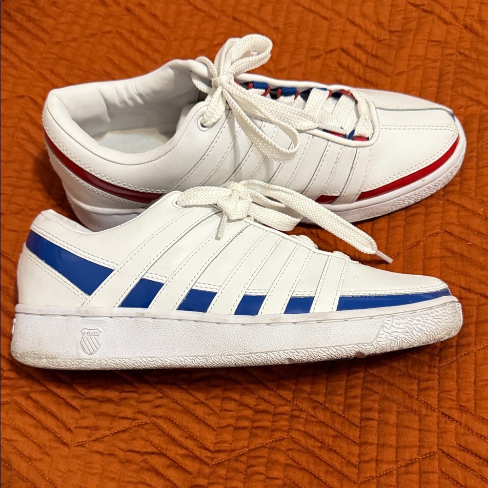 K-Swiss White Sneakers with Blue and Red Accents